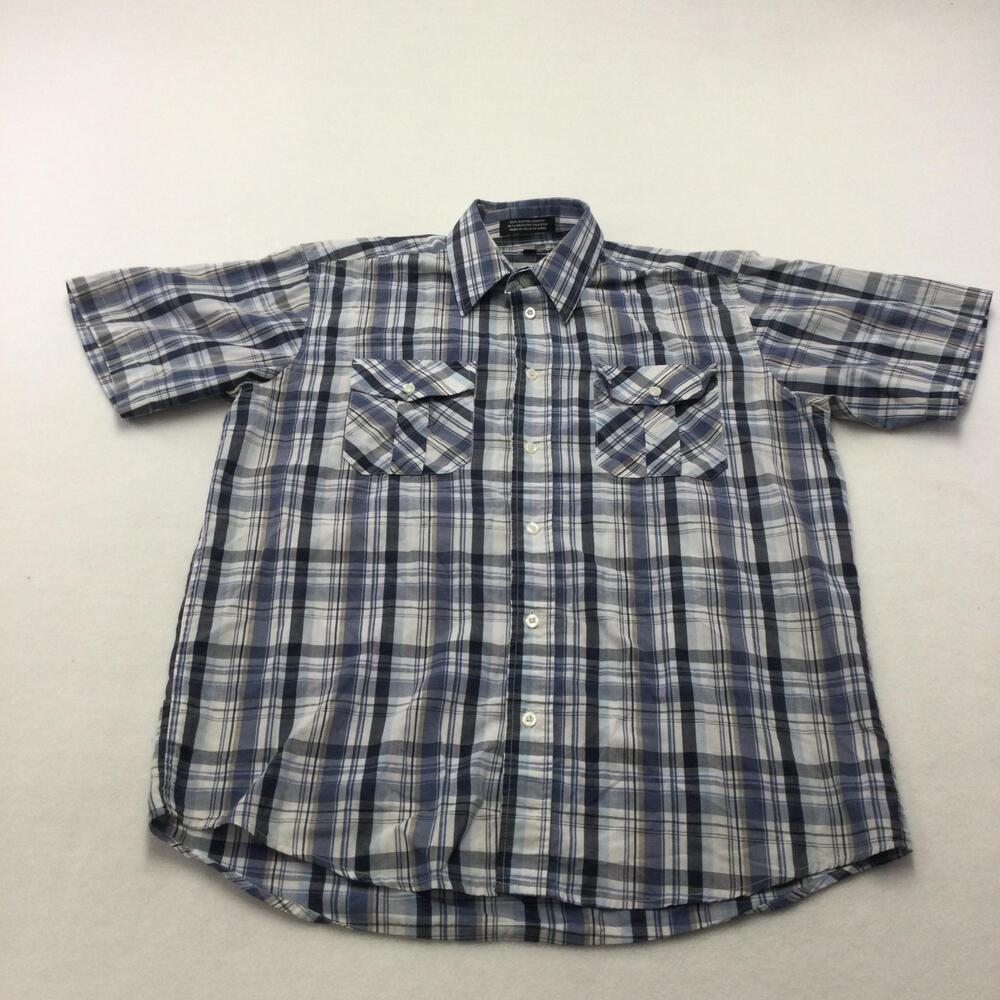 Beverly Hills Polo Club Shirt Mens Medium Blue Plaid Short Sleeve Button Up